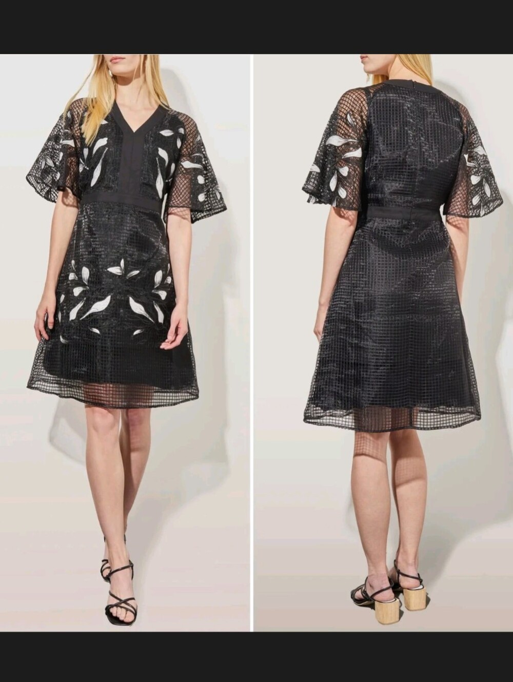 Ming Wang Black Cutwork A-Line Dress with V-Neck